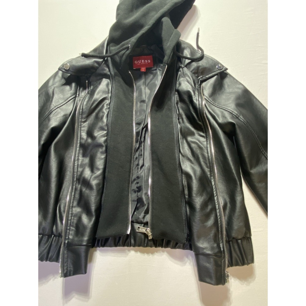 GUESS‎ Los Angeles Womens Faux Leather Moto Jacket Removable Hood Black Medium - Picture 5 of 16